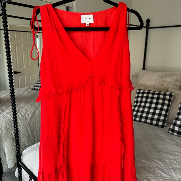 Sézane Robe Albertina Corail Silk Ruffle Trim A-Line Mini Dress Red 36 US-4 - Picture 3 of 8